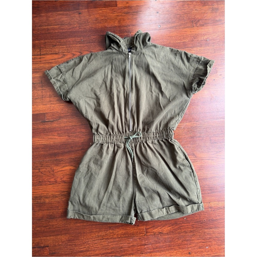 Pretty Little Thing Olive Green Zip Front Hooded Romper Utility Playsuit US 8